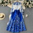 2023 Spring New Vacation Style V-neck Bubble Sleeve Printed Dress for Women, French Retro Grand Swing Knee length Skirt