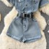 Workwear one-piece denim suit, women's short summer outfit, 2022 new style, fashionable high waisted wide leg shorts