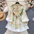 Floral series French court style dress, Western style bubble sleeves, buckle slim fit short A-line skirt, temperament dress