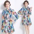 Real time spot new women's clothing French retro printed lace up loose slimming dress