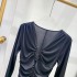 Spring and summer new niche fashion hem heavy pleated design elastic slim fit deep V long sleeved top C2 # 1115