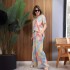 2024 New Fashionable Multi Color Printed Loose Short sleeved Top for European and American Foreign Trade Women's Clothing, Casual Wide Leg Pants Two Piece Set