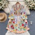 Fancy Flower Series Holiday Skirt Temperament Buckle Slimming Niche Printed Dress French Bubble Sleeve Dress for Women