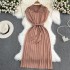 2023 Summer French Retro Style Polo Collar Loose Waist Strap A-line Knitted Dress Casual Long Dress