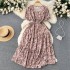 Summer vacation style retro niche design printed dress with women's waist cinched and wide swing A-line fairy long skirt