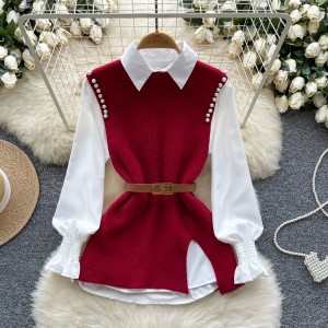 Autumn style youthful layering two-piece set with women's design sense, nail bead split knitted vest+long sleeved shirt