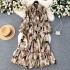 French retro light mature style bow tie lantern long sleeved print cinched waist slimming temperament chiffon dress trendy