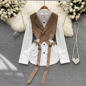 Two piece set with a high-end feel for women in autumn, fashionable and western-style. Short layered vest top, white long sleeved shirt