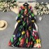 European and American retro palace style design with printed long, heavy-duty pleated bubble sleeve dress for spring and women's pleated skirt