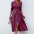 Cross border European and American women's 2024 autumn dress with elegant temperament and printed V-neck sexy slit waist cinching dress