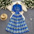 Palace retro elegant dress, socialite's high-end feeling, European and American bubble sleeves, waist cinching slimming printed holiday long dress