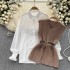 Korean style fashionable set for women's casual loose long sleeved shirt+waist cinched V-neck knitted vest two-piece set