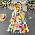 French retro round neck sleeveless positioning printed dress for women in summer, with a slimming waist and a large swing vest dress, exuding a slimming temperament