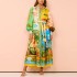 2024 autumn independent station foreign trade wish women's clothing temperament printed lantern sleeves belt shirt medium long dress