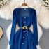 Square collar denim dress for spring 2023, new style of socialite temperament, goddess style, waist cinching, slimming, big swing, long skirt