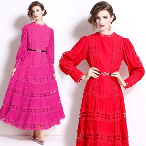 Real shot elegant dress dress with round neck lantern sleeves and long lace hollow out dress in stock