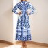 2024 Autumn Cross border Women's Dress from Europe and America, Fashionable Printed Casual Strap up Waist Swing Long Sleeve Dress