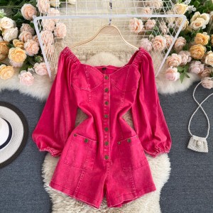 Ins fashion outfit highlights white rose red jumpsuit autumn outfit retro single breasted slim fit short jeans, trendy