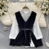 V-neck single breasted irregular knitted vest+spliced white casual loose shirt women's autumn two-piece set trendy