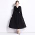 2024 Heavy Industry pleated three-dimensional flower nail bead V-neck banquet dress long sleeved dress long skirt