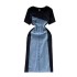 French style niche retro short sleeved patchwork denim dress for women in summer, with a slimming waist and unique casual temperament