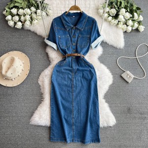 Blue retro Chinese style short sleeved denim dress for women, 2024 summer new style, high-end feeling, waist cinched mid length skirt