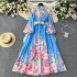 European and American style French retro temperament lantern long sleeved stand up collar single breasted printed dress, women's waist cinched long skirt