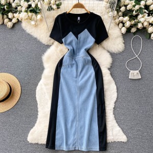 Advanced and cool style, contrasting denim patchwork dress, summer women's clothing, unique and beautiful, waist cinching, mid length skirt, trendy