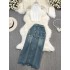 Fashion set for female hot girls, hanging neck, off shoulder, slim fit vest, two-piece set, high waist, medium length, split denim skirt