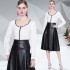 Real time shooting of socialite knitted sweater+high waist slimming leather skirt two-piece set