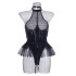 Ins European and American sexy PU patent leather mesh splicing hanging neck underwear mesh canopy skirt garter belt detachable jumpsuit