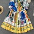 New Queen's Style Fake Niche Style Lantern Long Sleeve Strap Graffiti Printed Stand up Collar Long Dress for Women