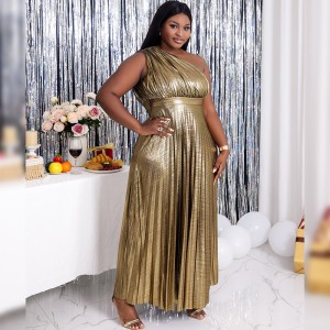 220 pound plus size women's new single shoulder backless long skirt, big swing skirt, pleated dress, women's ruched dress