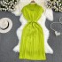 2023 Summer French Retro Style Polo Collar Loose Waist Strap A-line Knitted Dress Casual Long Dress