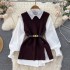 Two piece set for women in autumn, lively and age reducing, loose knit vest, medium length long sleeved white shirt top