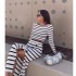 In stock 2024 autumn Amazon fashion classic black and white striped long sleeved short top button up skirt set