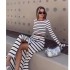 In stock 2024 autumn Amazon fashion classic black and white striped long sleeved short top button up skirt set