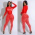 C6203 Cross border AliExpress Amazon European and American Fashion Women's Solid Color Mesh Hot Diamond Long Sleeve Pants jumpsuit