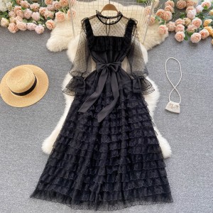 Palace style dress for women with sweet fungus edge lace fairy dress and sexy perspective polka dot mesh dress