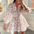 2024 Independent Station European and American Autumn Women's New Style Sweet Printed V-neck Lace Waist Short Dress