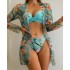 2023 European and American new three piece swimsuit multi-color printed cover up, sun protection suit triangle gathering foreign trade swimsuit for women