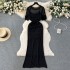 Korean chic niche retro hollow hook flower knitted suit for women, slim fit and slimming temperament, including buttocks and fish tail dress