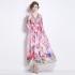 Real time spot 2024 early spring temperament retro print V-neck high waist slimming long dress