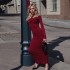 2024 European and American style cross-border women's clothing new solid color fashionable slim fit round neck long sleeved pleated bag hip long dress