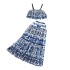 Fashion suit women's one neck off shoulder short strapless top two-piece set high waisted celadon printed large swing skirt