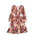 French romantic slimming V-neck cinched waist strap ruffle edge dress for women, sweet pleated skirt with large floral display