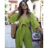 2024 Spring/Summer New Collection of European and American Cross border Women's Fashion Horn Sleeve Strap up Shirt High Waist Straight Leg Pants Set in Stock