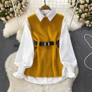 Light luxury socialite set women's loose long sleeved white shirt top+split knit vest vest vest two-piece set 0.4kg