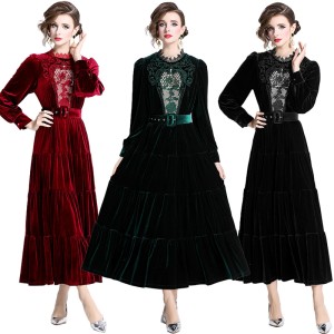 Real shooting of autumn and winter new velvet heavy embroidery temperament long style big swing dress in stock