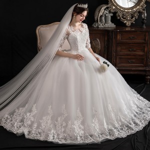 Main Wedding Dress 2024 Spring New One Shoulder Dreamy Slimming Mid Sleeve Lace Bridal Quidditch Large Size Wedding Dress